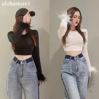 ÁO THUN CROPTOP LÔNG VŨ TAY DÀI alohastore1