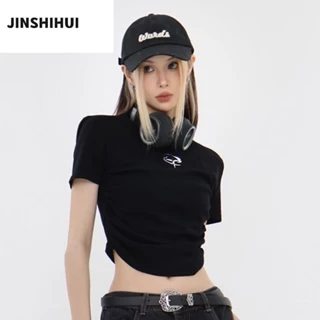 Áo thun nữ croptop JINSHIHUI A29J1G1 36Z230909 thiết kế dáng ôm phong cách thời trang Hàn Quốc 2023 chất lượng cao