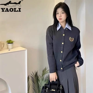 Áo khoác cardigan YAOLI dệt kim cổ tròn thêu họa tiết thời trang cho nữ