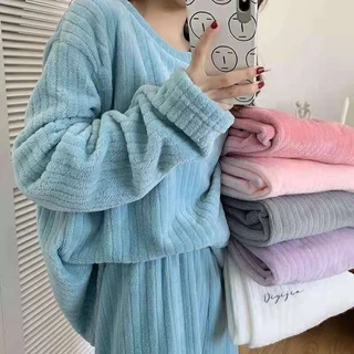 Bộ Đồ Ngủ Hai Món Bằng Vải flannel Màu Trơn Họa Tiết Kẻ Sọc Ấm Áp