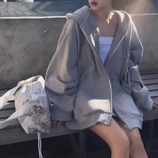 Áo nỉ hoodie nữ dáng rộng khoá kéo - Áo khoác có muc chùm đầu thu đông phong cách Hàn Quốc