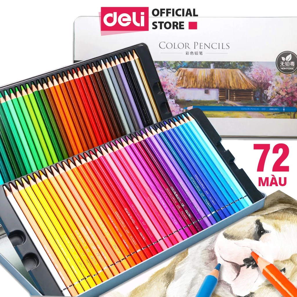 [HỌA CỤ DEL] Hộp Bút Chì Màu Gốc Dầu Cao Cấp Deli 72 Màu Hộp Thiếc - Nhiều Màu Đậm Vẽ Tranh Tô Màu Thiết Kế Phác Thảo