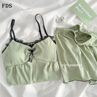 Fds Bộ Đồ Ngủ Áo Hai Dây Phối Quần Short Vải cotton Mỏng Thời Trang Mùa Hè Xinh Xắn Cho Nữ