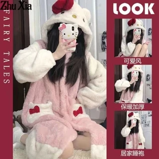 Zhu Xia Áo Choàng Ngủ Bằng Vải Nhung San Hô Hình hello kitty Dễ Thương Cho Nữ