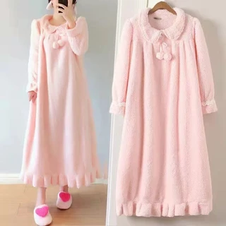 [Jlyq] Váy ngủ giữ nhiệt Flannel màu hồng trắng, Bộ đồ ngủ lông cừu san hô dài, Đồ mặc nhà cho bé gái siêu dễ thương