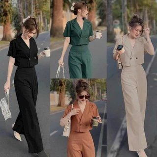 Set Đồ Bộ Kiểu Áo Tay Ngắn Cổ Vest Croptop Đính 2 Nút Khoét Lưng Sau Phối Quần dài Ống Rộng Vải For Siêu Sang ,Hot