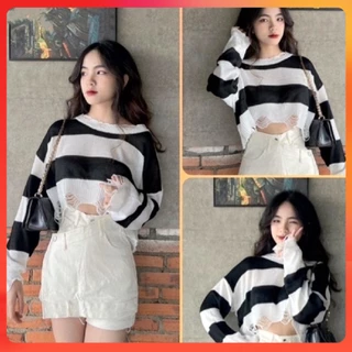 [C0137] Áo len thun QC Montoghi cổ tròn MỎNG CROPTOP kiểu RÁCH tay dài