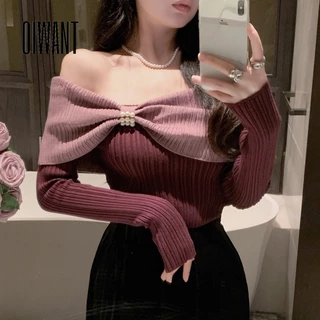 Áo Sweater Dệt Kim Trễ Vai Tay Dài Đính Nơ Màu Tương Phản Phong Cách Thời Trang Mới 2024