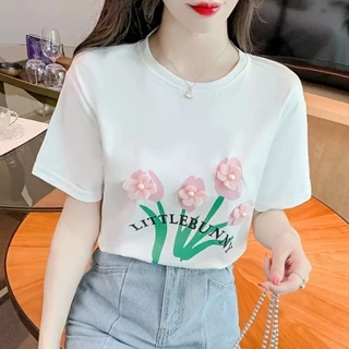 Áo Thun 100% Cotton Tay Ngắn Dáng Rộng In Họa Tiết Hoa Phong Cách Hàn Quốc Thời Trang Mùa Hè Hàng Mới 2023 Dành Cho Bạn Nữ