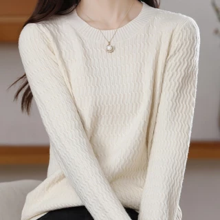 Áo Sweater Dệt Kim Tay Dài Cổ Tròn Màu Sắc Đơn Giản Cho Nữ