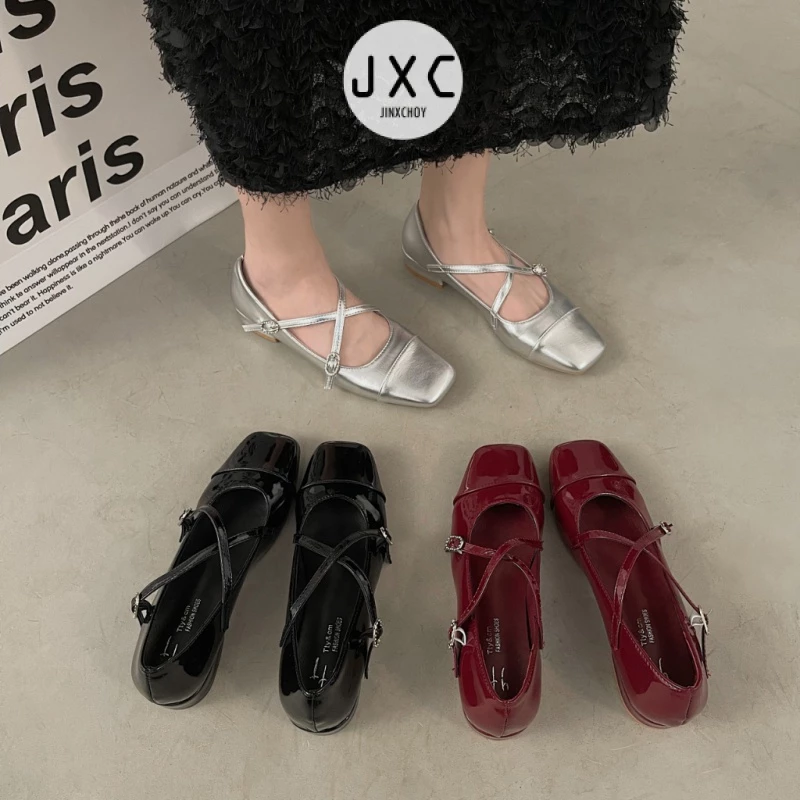 JINxCHOYGiày Cao Gót Mũi Vuông Bằng Da Thời Trang Hàn Quốc Chất Lượng Caogiày búp bê nữ