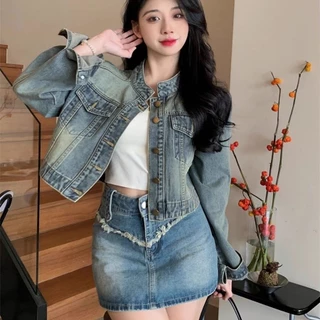 Áo Khoác denim Tay Dài Cổ Đứng Dáng Rộng Phong Cách hong kong Thời Trang Mùa Thu Cho Nữ