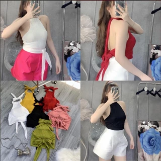 Áo Yếm Croptop Thun Cotton Hở Lưng Đi Biển Có Độn Mút Ngực Cột Buộc Dây Rời Áo Yếm Sát Nách Sexy