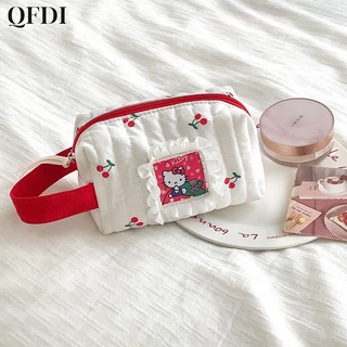 QFDI Túi cotton Đựng Mỹ Phẩm Họa Tiết Mèo kitty / cherry Dễ Thương Nhỏ Gọn