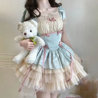 [nanako] Đầm Công Chúa Hai Dây Phối Ruy Băng Nhỏ Phong Cách lolita Mùa Hè