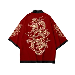 Nam Cardigan Plus Kích Thước Rồng In Hình Thời Trang Cardigan Haori Cosplay Áo Sơ Mi Đỏ Yukata Đi Biển Kimono Áo Đỏ