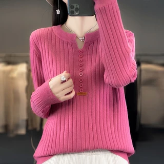 Áo sweater Dệt Kim Mềm Tay Dài Cổ Tròn Màu Trơn Phối Nút Thời Trang Cho Nữ