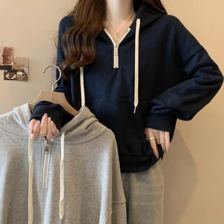 Kii Wii Áo Hoodie Tay Ngắn Dáng Rộng Màu Trơn Thời Trang Mùa Thu Hàn Quốc Mới