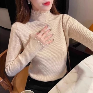 Áo sweater Dệt Kim Cổ Lọ Dáng Ôm Phối Ren Thời Trang Thu Đông Mới Cho Nữ