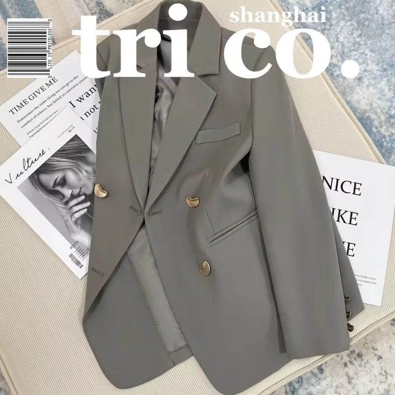 Áo Khoác blazer Dáng Rộng Cài Nút Kim Loại Phong Cách Anh Quốc Thời Trang Xuân Thu 2024 Cho Nữ