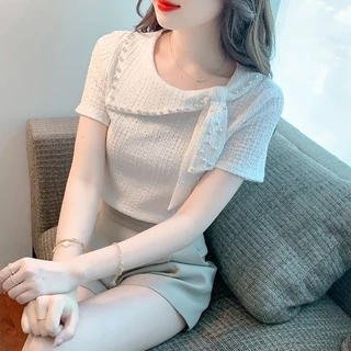 Áo Sơ Mi Chiffon Tay Ngắn Đính Hạt Nhỏ Độc Đáo Thời Trang Mùa Hè Xinh Xắn Cho Nữ