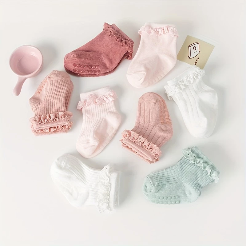1 Đôi Tất Ren Cho Bé Gái, Tất Cotton Chống Trơn Trượt Cho Bé Tập Đi, Tất Sàn Chống Trơn Trượt Mềm Cho Trẻ Sơ Sinh Bé Gái