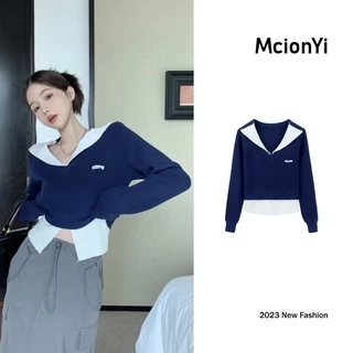 Mcionyi Áo sweater Dệt Kim Tay Dài Giả Hai Lớp Cổ Chữ v Thời Trang 2023 Cho Nữ