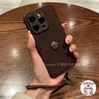 Iphone Ốp Điện Thoại tpu Mềm Giả Da Màu Nâu / Vàng Hoa Trà Gắn Dây Đeo Cổ Tay Chống Bẩn iphone 15 pro max 14 13 12 11 pro max x xr 7plus