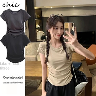 Áo Croptop Đuôi Cá Ngắn Tay 2 Trong 1 Có Đệm Ngực Phong Cách Hàn Quốc Mới Cho Nữ