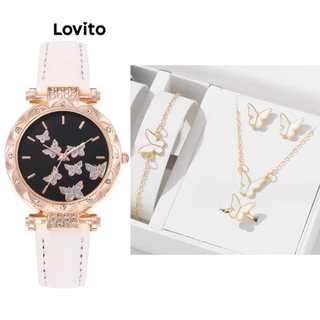 Bộ đồng hồ quartz Lovito hình tròn da giả họa tiết bướm màu trơn thường ngày cho nữ LFA06428 (Trắng/hồng/đỏ/đen)