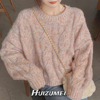 Huizumei Áo sweater Ngắn Tròng Đầu Dáng Rộng Màu Hồng Ngọt Ngào Cho Nữ