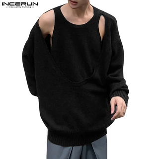 INCERUN Áo Sweater Tay Dài Giả Hai Lớp Thời Trang Cá Tính Cho Nam