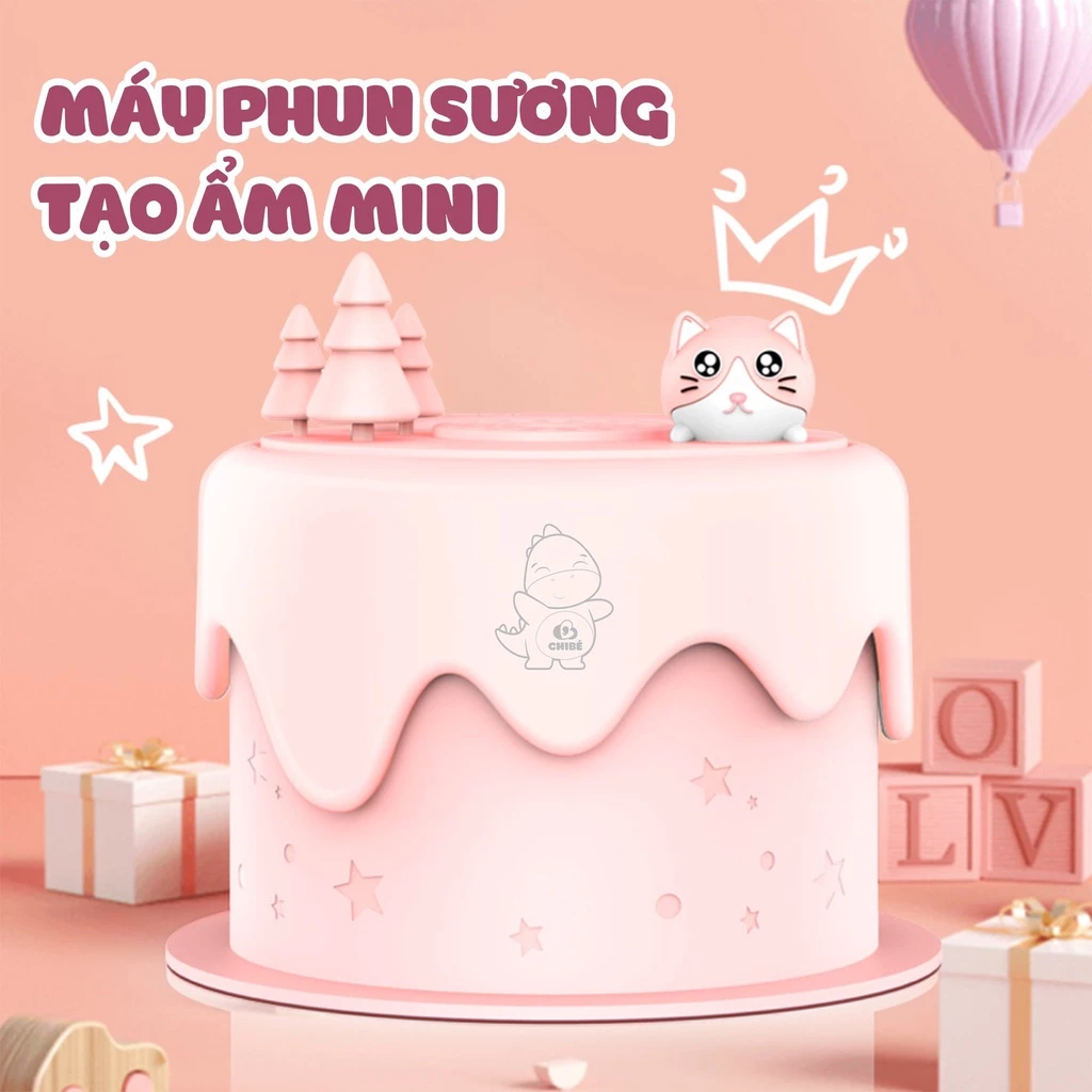 Máy phun sương tạo ẩm mini hình bánh kem, sạc cổng usb