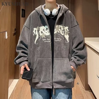 Áo khoác cardigan KYUSHUAD vải nhung có mũ trùm đầu phong cách hip hop đường phố Mỹ thời trang