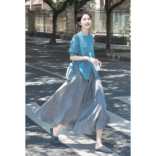 Set Áo Sơ Mi Ngắn Tay Và Chân Váy Lưng Cao Phong Cách Mới 2023 Cho Nữ