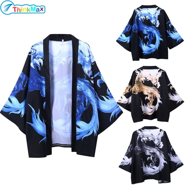 2024new!! Áo choàng Kimono Nhật Bản mùa hè dành cho nam nữ Phong cách Trung Quốc Áo len in hình rồng Áo nửa tay dáng rộng