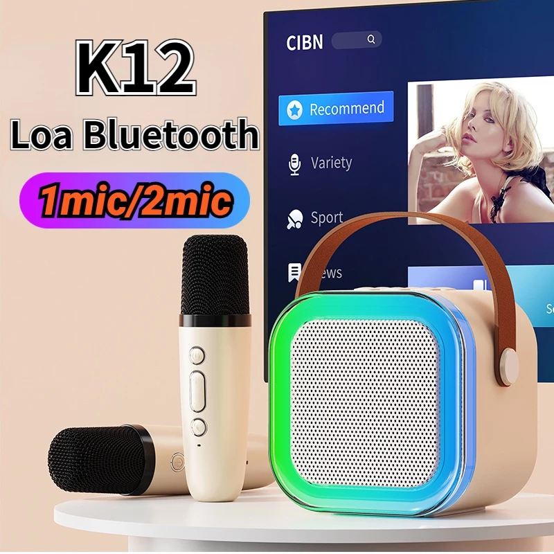Loa Bluetooth Karaoke K12 xách tay di động không dây Công suất lớn( Kèm 2 mic không dây)