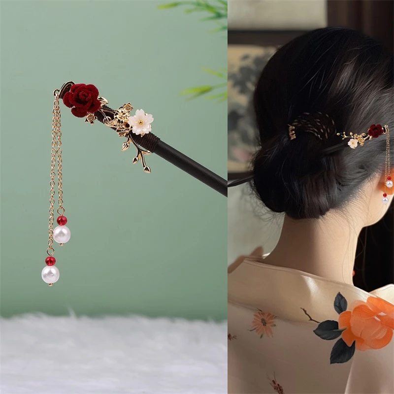 Trâm Cài Tóc Bằng Gỗ Mun Đính Tua Rua Phong Cách Cổ Điển Cho Nữ
