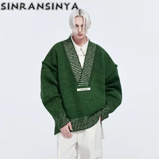 Sinransinya Áo sweater Tay Dài Cổ Chữ v Màu Xanh Lá Phong Cách Đường Phố Mỹ Cổ Điển Thời Trang Cao Cấp Cho Nam