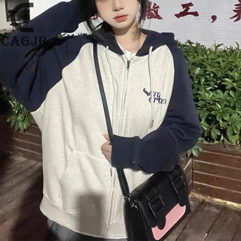 (S-2XL)Áo khoác nỉ áo hoddie tay dài ráp lăng phối màu xám in chữ form rộng Unisex nam nữ mặc được