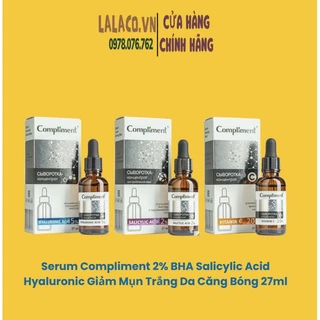 Serum Compliment 2% BHA Salicylic Acid Hyaluronic Acid B5 5% Vitamin C 20% Làm Sạch Da, Giảm Mụn Trắng Da Căng Bóng 27ml