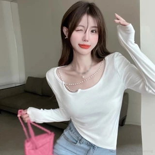 Áo croptop Tay Dài Màu Trơn Đính Dây Xích Ngọc Trai Thời Trang Hàn Quốc Quyến Rũ Cho Nữ