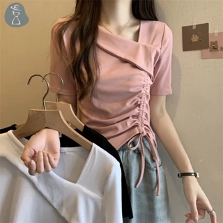 Áo Thun crop top Tay Ngắn Phối Dây Rút Thời Trang Mùa Hè Cho Nữ