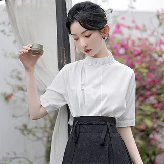 [Xiao] Áo sơ mi phong cách Trung Quốc Áo đi lại hàng ngày cho nữ Mùa hè Phong cách mới Cổ đứng thêu Phong cách Trung Quốc Cải tiến các yếu tố Trung Quốc Hanfu