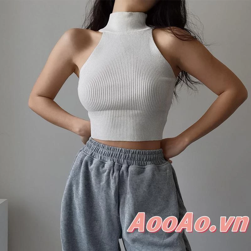 Áo Croptop Dệt Kim Không Tay Cổ Tròn Màu Sắc Đơn Giản Cho Nữ