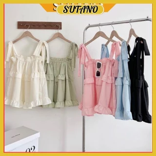 áo kiểu nữ bánh bèo, áo 2 dây babydoll chất thô lụa buộc nơ vai kiểu dáng hàn quốc  A91 SUTANO ( ảnh thật ,video)