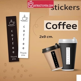 Set 100 sticker dán cốc cà phê trà trang trí kèm icon Coffee TE26 tem niêm phong đồ uống take away đen trắng basic