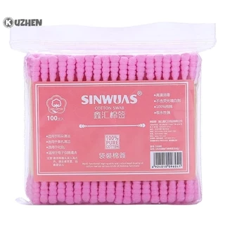 Kuzhen Set 100 Tăm Bông cotton Hai Đầu Dùng Để Vệ Sinh Tai / Mũi / Lỗ Tai Chăm Sóc Sức Khỏe Cho Nữ