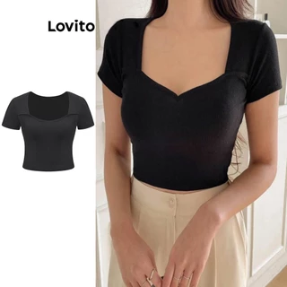 Áo thun Lovito cổ vuông màu trơn thường ngày cho nữ L62ED036 (màu mơ/ đen)