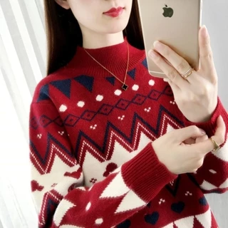 Áo sweater Cổ Lọ Dệt Kim Màu Tương Phản Thời Trang Thu Đông Cho Nữ